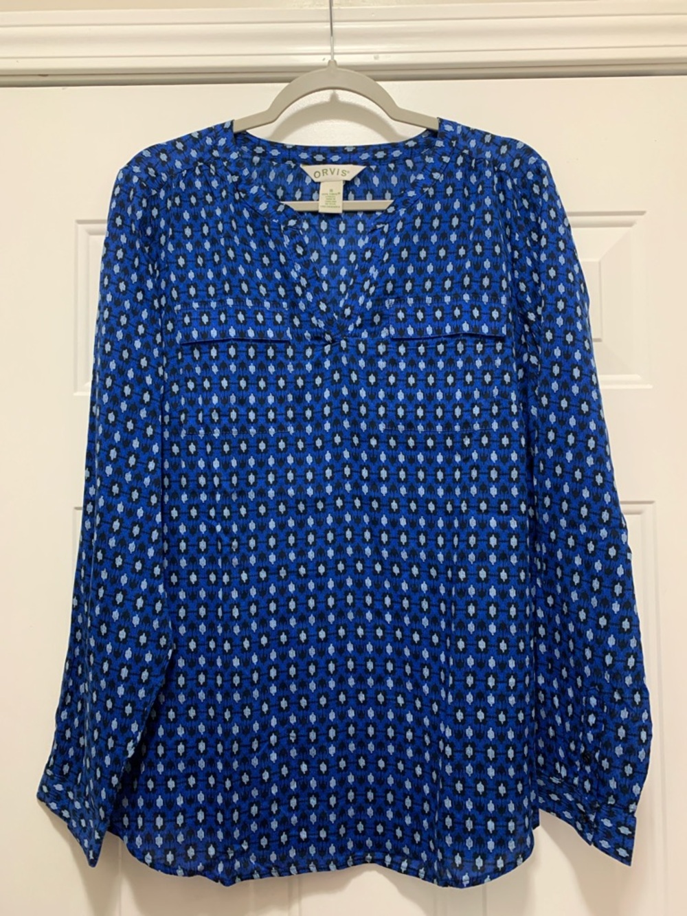 3/$15 Orvis Royal Blue Printed V-Neck Long-Sleeve Blouse Size 16